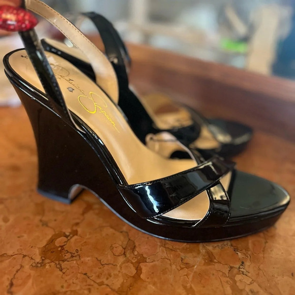 Jessica Simpson OJILLY Black Patent High Wedge Square Open Toe Sandal 9.5 NEW - Picture 2 of 5